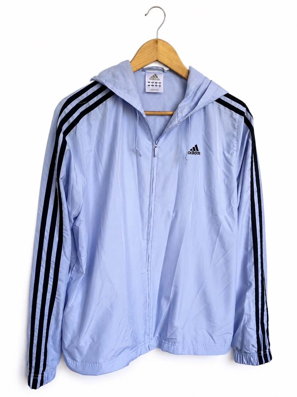 Adidas 3-Stripe Hooded Full Zip Windbreaker Jacket Lavender Blue Mesh Lined Sz M
